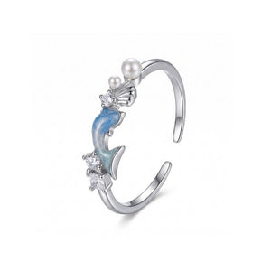 Blue Enamel Dolphin Pearl Shell Stacking Ring - Perimade & Co.