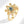 Gold evil eye flower spinner ring with a blue gemstone on a white background
