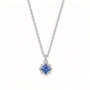 Blue Square CZ Floral Frame Charm Necklace - Perimade & Co.
