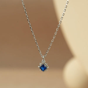 Blue Square CZ Floral Frame Charm Necklace - Perimade & Co.