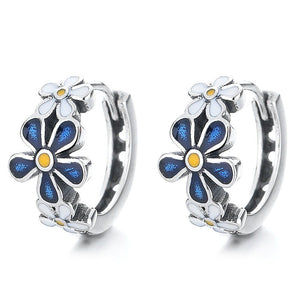 Blue White Flower Huggie Hoop Earrings - Perimade & Co.