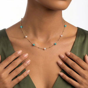 Boho Turquoise Pearl Bead Station Necklace - Perimade & Co.