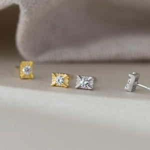 Carved Sunburst Rectangular CZ Stud Earrings - Perimade & Co.