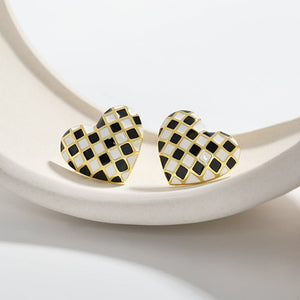 Checkerboard Enamel Heart Stud Earrings - Perimade & Co.