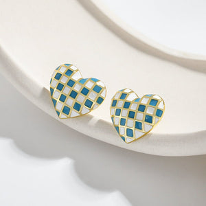 Checkerboard Enamel Heart Stud Earrings - Perimade & Co.