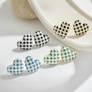 Checkerboard Enamel Heart Stud Earrings - Perimade & Co.