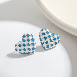 Checkerboard Enamel Heart Stud Earrings - Perimade & Co.