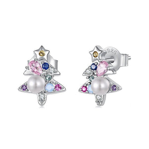 Christmas Tree Pearl Colorful CZ Stud Earrings - Perimade & Co.