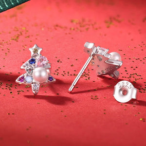Christmas Tree Pearl Colorful CZ Stud Earrings - Perimade & Co.