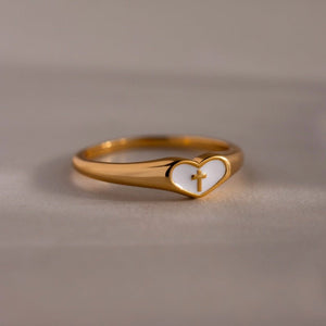 Classic Enamel Heart Cross Signet Band Ring - Perimade & Co.