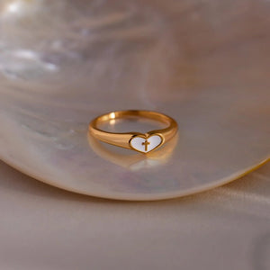 Classic Enamel Heart Cross Signet Band Ring - Perimade & Co.