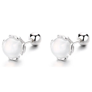 Pair of silver stud earrings on a white background