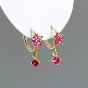 Color CZ Drop Flower Huggie Hoop Earrings - Perimade & Co.