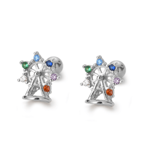 Silver Ferris wheel earrings with colorful gemstones on a white background