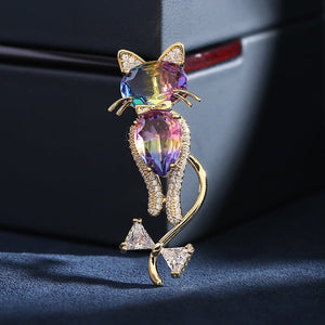 Color Gemstone Cat Bow Statement Brooch - Perimade & Co.