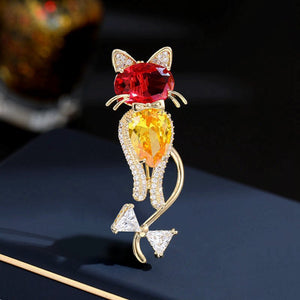 Color Gemstone Cat Bow Statement Brooch - Perimade & Co.