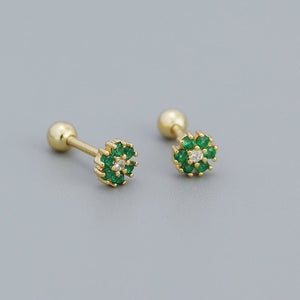 A collection of stud earrings with flower designs, featuring various colors and with gold plating.