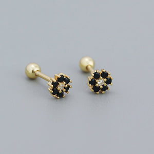 A collection of stud earrings with flower designs, featuring various colors and with gold plating.