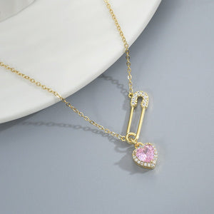 Color Gemstone Heart Safety Pin Necklace - Perimade & Co.