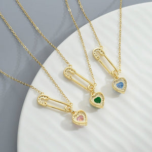 Color Gemstone Heart Safety Pin Necklace - Perimade & Co.