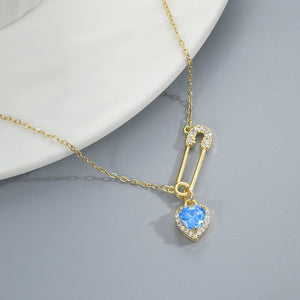Color Gemstone Heart Safety Pin Necklace - Perimade & Co.