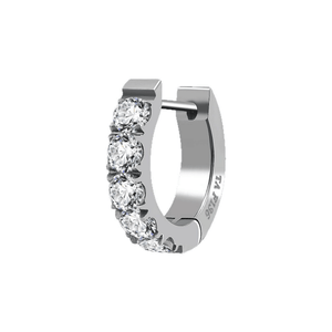 Silver hoop earring with clear gemstones on a white background