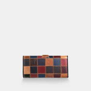 Multicolored checkered wallet on a light gray background
