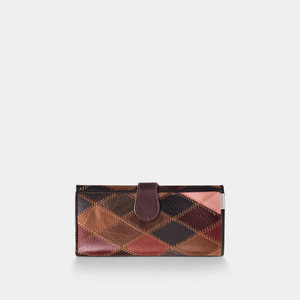 Multicolored checkered wallet with a brown strap on a white background