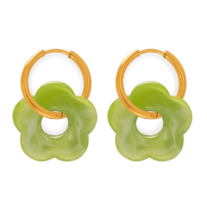 Pair of green floral earrings with gold hoop accents on a white background