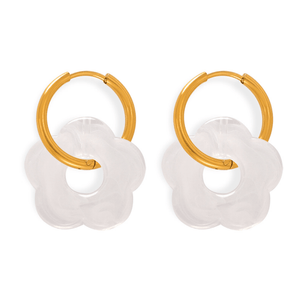 Gold hoop earrings with white flower-shaped connectors on a white background