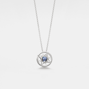 Silver necklace with a circular pendant featuring a blue gemstone on a light gray background