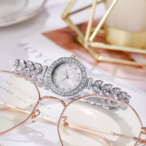 Crystal Leaf 28 mm Round Bracelet Watch - Perimade & Co.