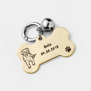 Gold bone-shaped pet tag with engraved text and a dog illustration on a white background