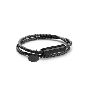 Black braided leather bracelet with a cylindrical metal tag on a white background
