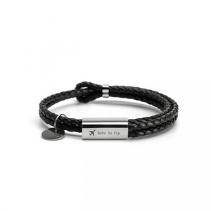 Black braided leather bracelet with silver tag on a white background