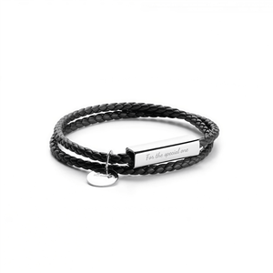 Black braided leather bracelet with a silver tag on a white background