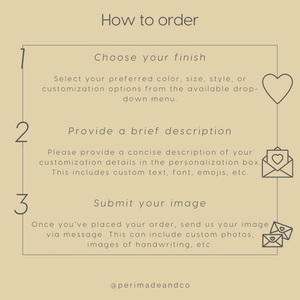 Instructions on how to order with customization options and a brand name at the bottom.