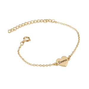 Gold bracelet with a heart-shaped tag displaying 'Emma' on a white background