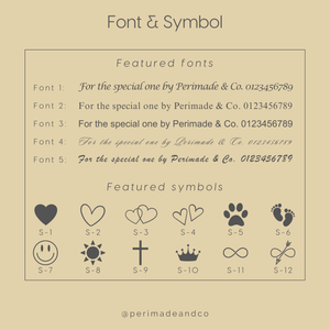 Collection of fonts and symbols on a beige background with Perimade & Co branding.