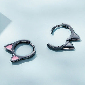 Cute Black Pink Enamel Cat Ear Hoop Earrings - Perimade & Co.