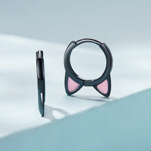 Cute Black Pink Enamel Cat Ear Hoop Earrings - Perimade & Co.