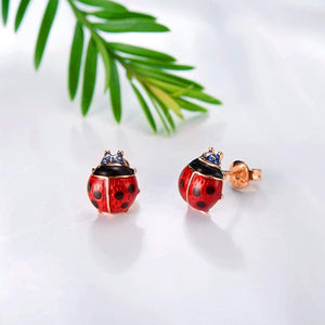 Red ladybug earrings with gold accents on a white background with green leaves.