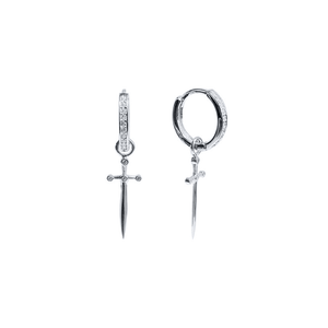 Silver hoop earrings with sword designs on a white background