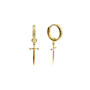 Gold hoop earrings with sword designs on a white background