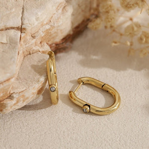 Dainty Bezel CZ Elongated Oval Hoop Earrings - Perimade & Co.