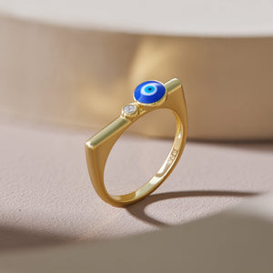 Dainty Blue Enamel Evil Eye CZ Flat Band Ring - Perimade & Co.