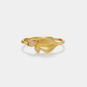 Dainty Brushed Leaf Marquise CZ Band Ring - Perimade & Co.