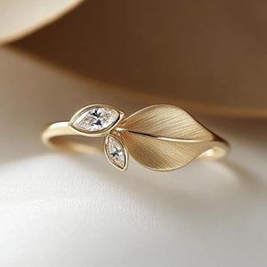 Dainty Brushed Leaf Marquise CZ Band Ring - Perimade & Co.