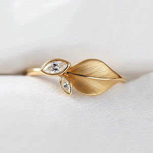 Dainty Brushed Leaf Marquise CZ Band Ring - Perimade & Co.