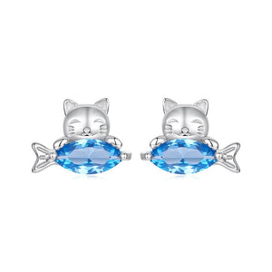 Dainty Cat Hugging Fish Stud Earrings - Perimade & Co.